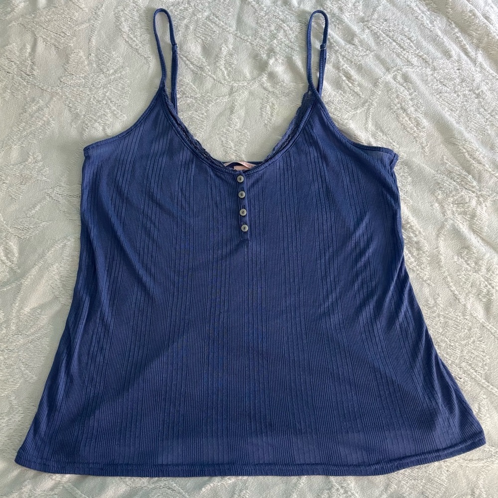 Victoria’s Secret Blue Button-Up Scoop Neck Spaghetti Strap Lace Cami Large
